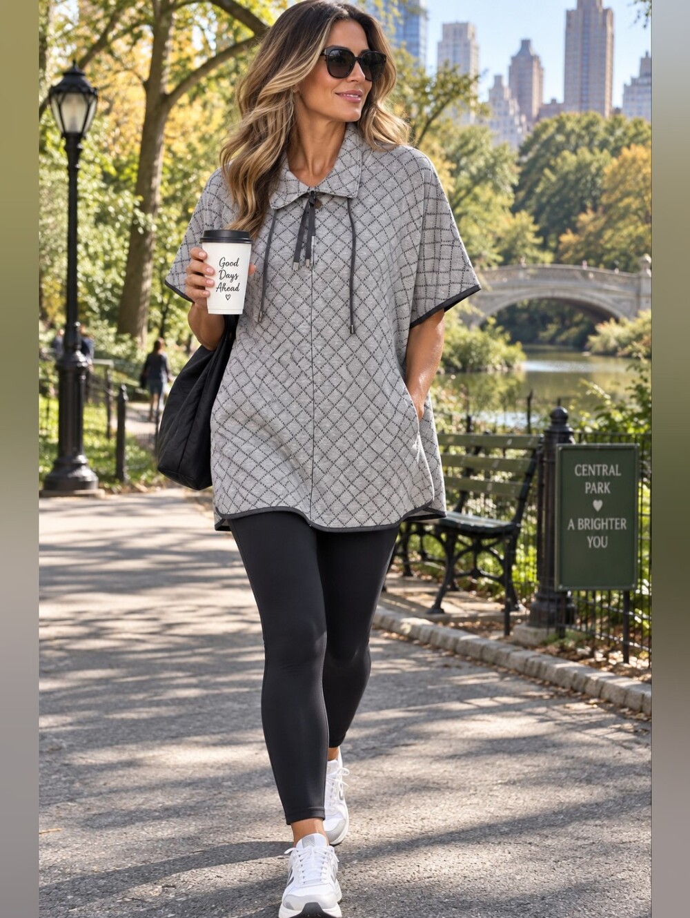 Lysse New York Subwy Tile Poncho Top S/M Gray Black NWT